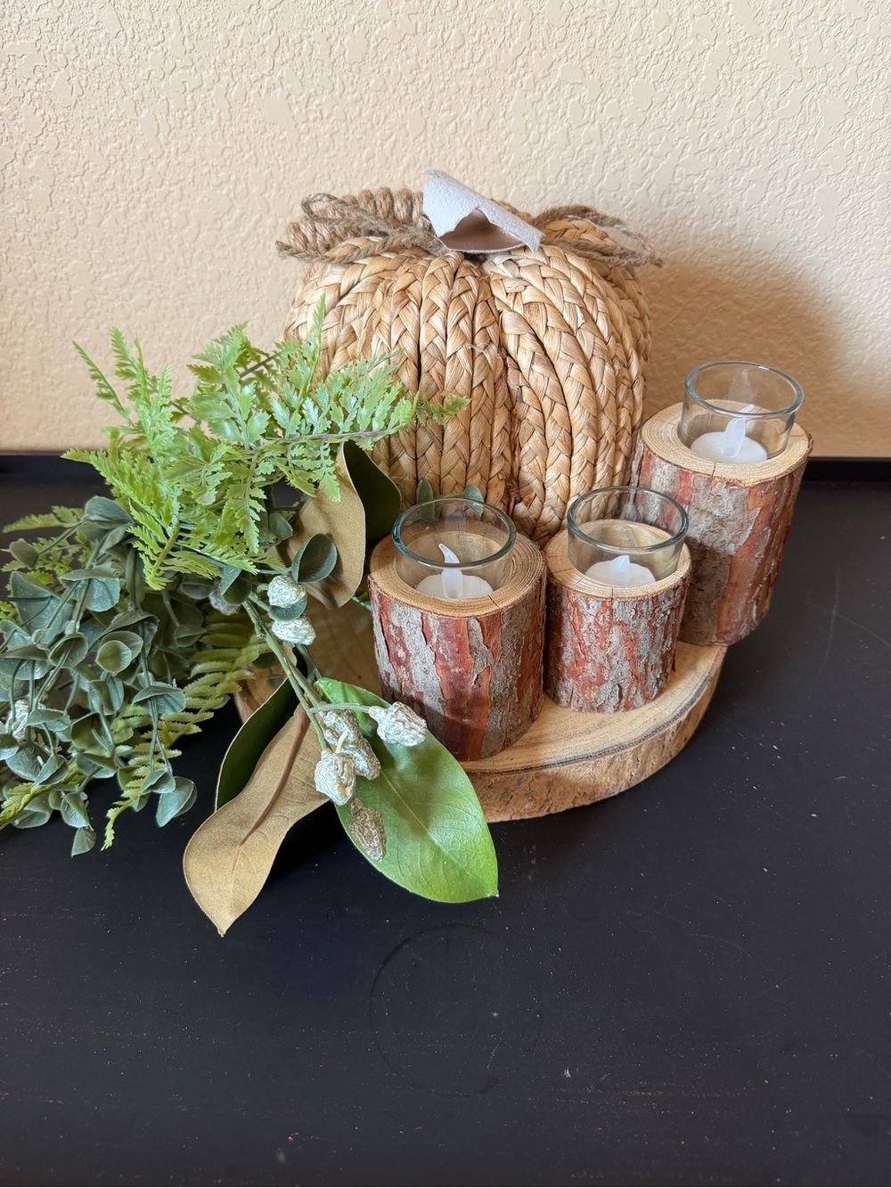 Rustic Lodge Cabin Wood Bark Votive Candle Holders & Pumpkin Fall Centerpiece - Picture 3 of 16